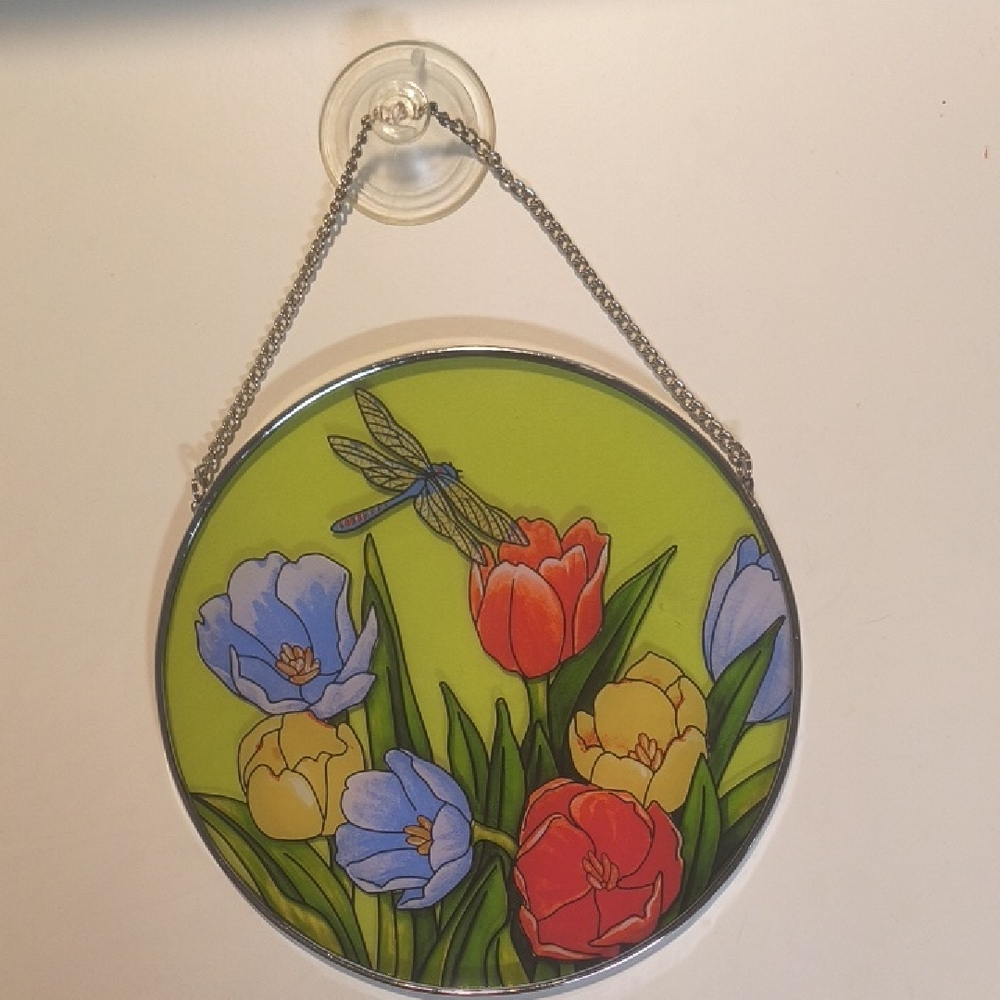 Avon Stained Glass Floral Suncatcher with Dragonfly - Red, Blue, Yellow, Green